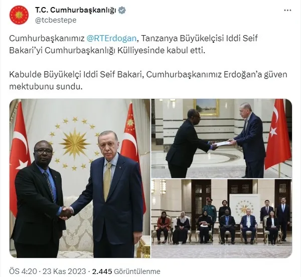 Başkan Erdoğan’a Kamboçya Büyükelçisi Chea Sok ve Tanzanya Büyükelçisi Iddi Seif Bakari’den güven mektubu