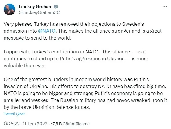 ABD’li Senatör Lindsey Graham’dan Türkiye’nin NATO’ya katkısına övgü