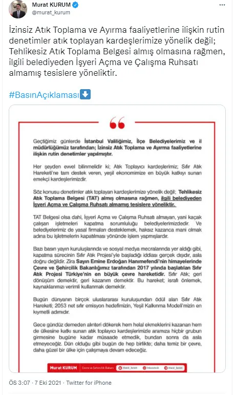 Cumhuriyet’ten atık toplama merkezlerine yapılan baskın üzerinden algı operasyonu! Bakan Kurum gerçeği açıkladı
