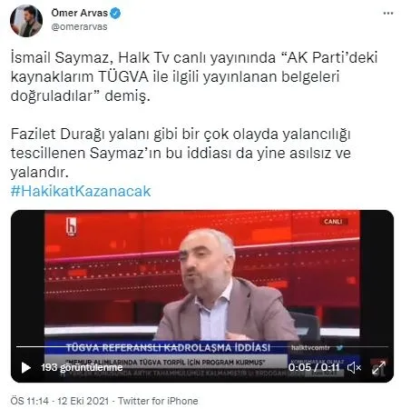 AK Parti ve TÜGVA’dan İsmail Saymaz’ın Halk TV’deki yalanlarına sert tepki