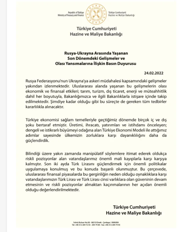 Son dakika: Hazine ve Maliye Bakanlığından Rusya'nın Ukrayna'ya askeri müdahalesine ilişkin açıklama: Türk Lirası'na güvenin - 1