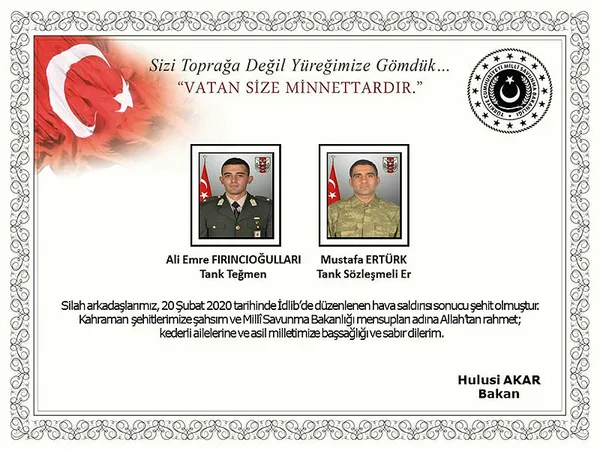 Milli Savunma Bakanı Hulusi Akar'dan İdlib şehitleri için başsağlığı mesajı - 1