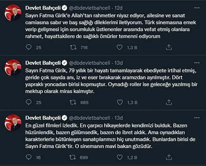 MHP Genel Başkanı Devlet Bahçeli’den Fatma Girik için başsağlığı mesajı