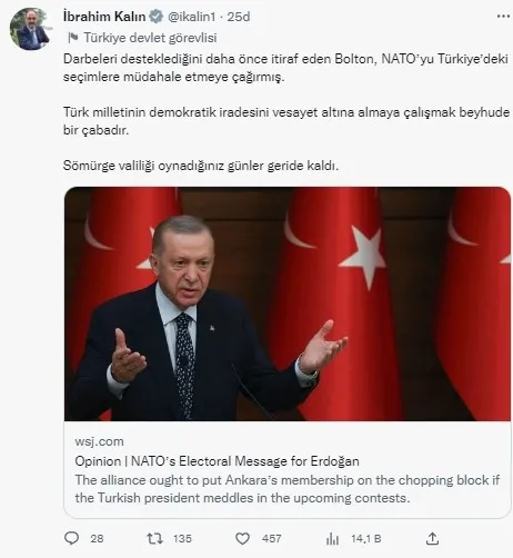 John Bolton’un Türkiye’deki seçimlere yönelik skandal çağrısına İbrahim Kalın’dan tepki: Sömürge valiliği oynadığınız günler geride kaldı