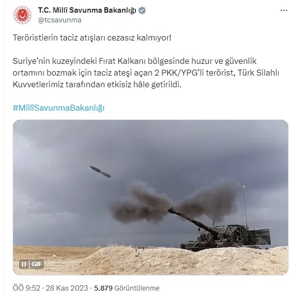 MSB: Suriye’nin kuzeyinde 2 PKK’lı terörist etkisiz hale getirildi