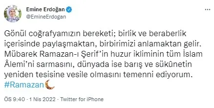 1648845195873.jpg Başkan Recep Tayyip Erdoğan'ın eşi Emine Erdoğan'dan Ramazan ayı paylaşımı: Ramazanın huzur ikliminin tüm İslam alemini sarmasını temenni ediyorum - 1
