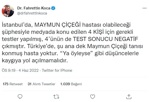 saglik-bakani-fahrettin-kocadan-maymun-cicegi-aciklamasi-iste-gundem-olan-4-kisinin-test-sonuclari-1654367695210.jpg Sağlık Bakanı Fahrettin Koca'dan maymun çiçeği açıklaması! İşte gündem olan 4 kişinin test sonuçları - 1