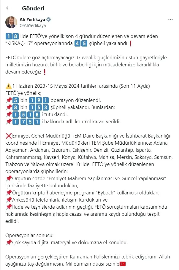 Son dakika | Bakan Yerlikaya’da FETÖ operasyonu açıklaması