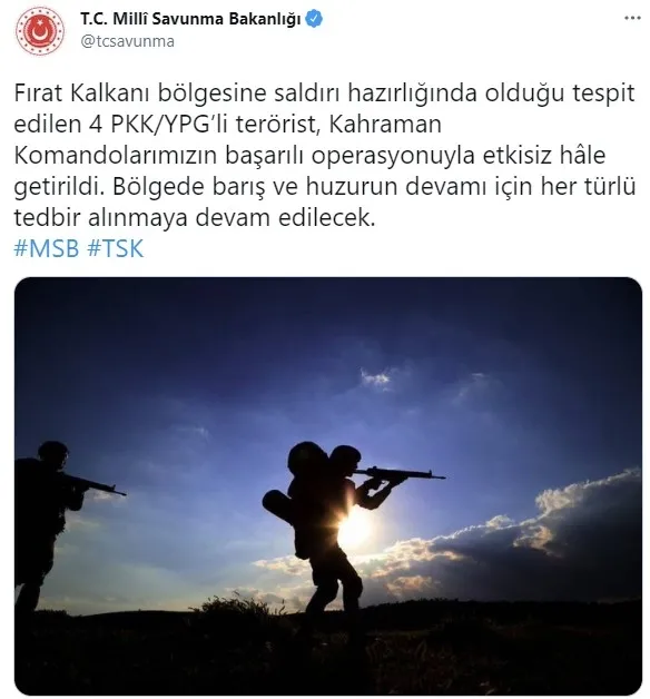 Fırat Kalkanı bölgesine sızmaya çalışan 4 PKK'li terörist etkisiz hale getirildi - 1