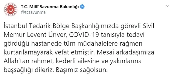 Milli Savunma Bakanlığı'na bağlı bir memur koronavirüsten hayatını kaybetti - 1