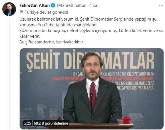 İletişim Başkanı Fahrettin Altun'dan konuşmasını kaldıran YouTube'a tepki - 1