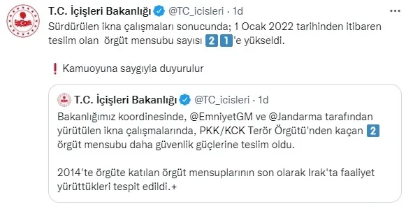 Son dakika: İçişleri Bakanlığı duyurdu: 2 PKK'lı teslim oldu - 1