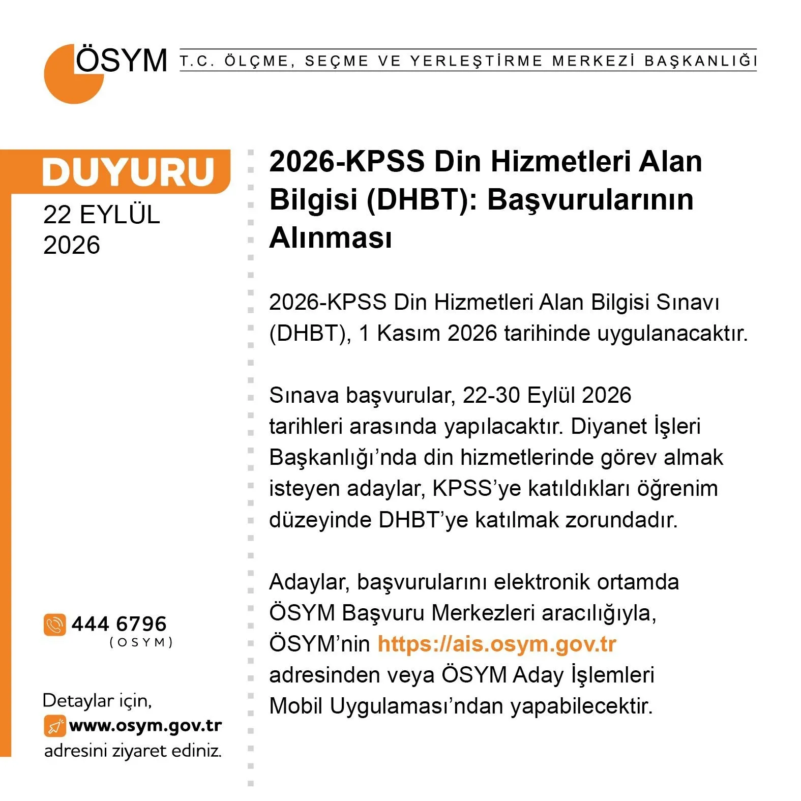 KPSS DHBT başvuruları başladı: 1 Kasım 2026 sınavı, ücret 800 TL