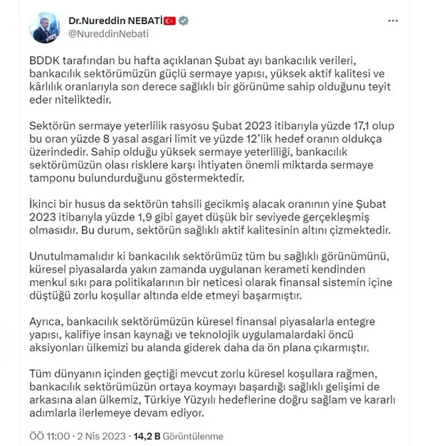 Hazine ve Maliye Bakanı Nureddin Nebati kritik rakamları değerlendirdi: Türk bankacılık sektöründen güçlü duruş!