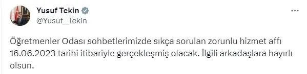 1687035243326.jpg Millî Eğitim Bakanı Yusuf Bakan Tekin sosyal medyada duyurdu! Öğretmenlere "zorunlu hizmet affı" müjdesi! Karar Resmi Gazete'de yayımlandı - 1