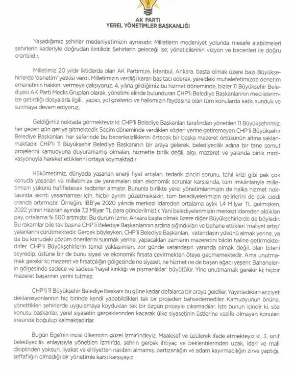 AK Parti’den halka hizmet sunmayan 11 şehrin CHP’li belediyelerine manifesto! Zehir zemberek sözler