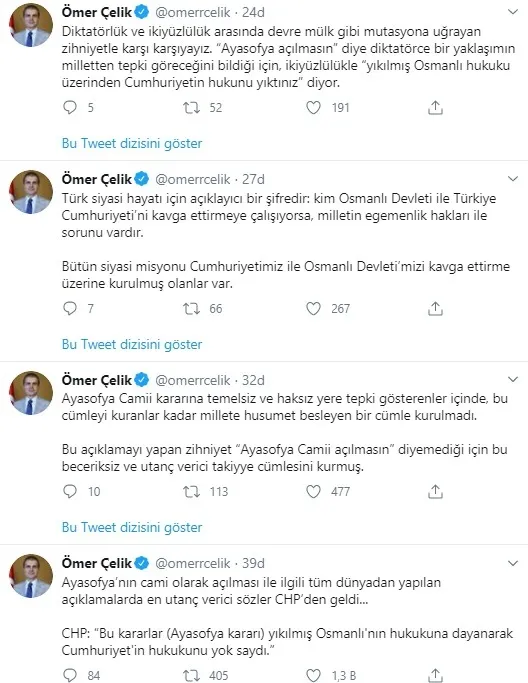 AK Parti Sözcüsü Ömer Çelik’ten CHP’ye Ayasofya Camii yanıtı