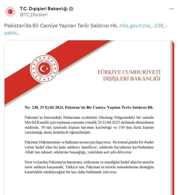 Dışişleri Bakanlığı Pakistan’da gerçekleştirilen terör saldırısını kınadı!