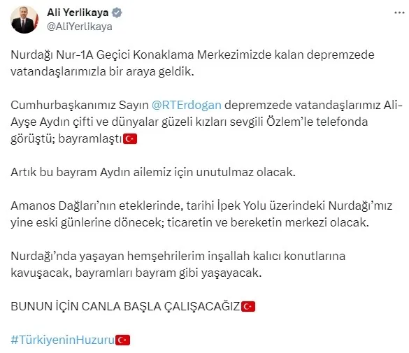 İçişleri Bakanı Ali Yerlikaya Gaziantep’te depremzedelerle bayramlaştı! Aileyi telefonla aradığı Başkan Erdoğan’la görüştürdü