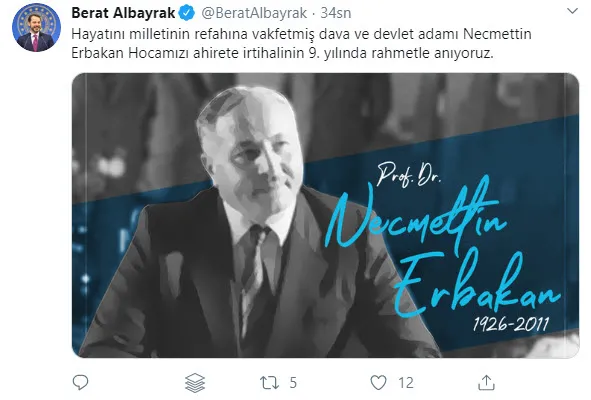 Son dakika: Hazine ve Maliye Bakanı Berat Albayrak'tan 'Necmettin Erbakan' paylaşımı - 1