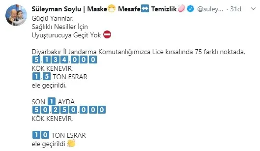 Bakan Süleyman Soylu: Diyarbakır'da 5 milyon 134 bin kök kenevir ve 1,5 ton esrar ele geçirildi - 1