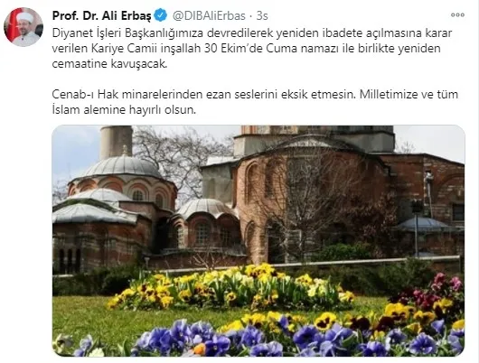 Diyanet İşleri Başkanı Prof. Dr. Ali Erbaş duyurdu: Kariye Camii 30 Ekim’de yeniden ibadete açılacak