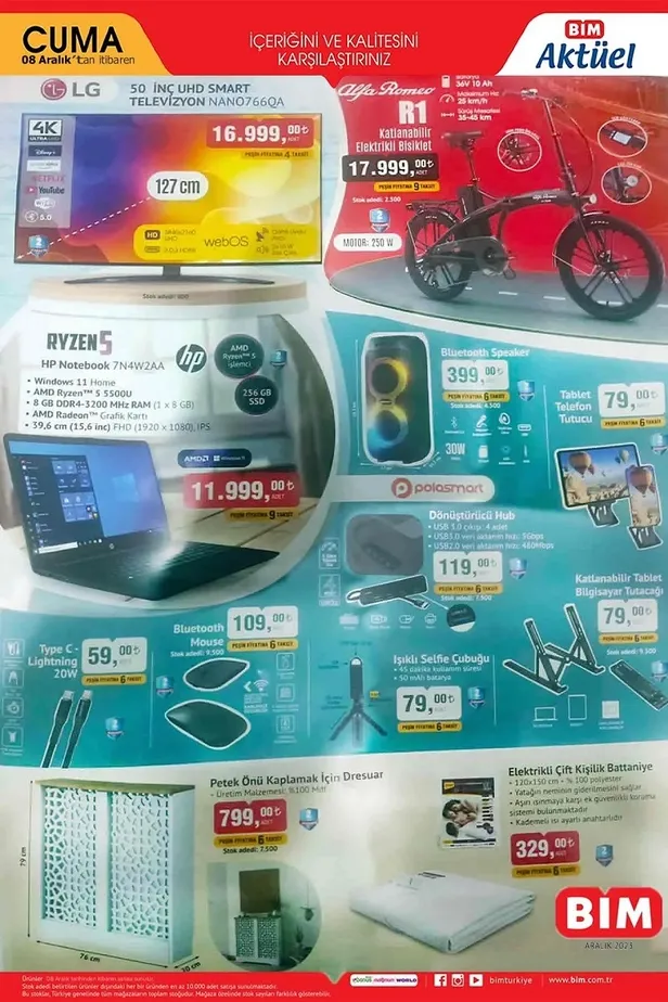 11 Aralık BİM aktüel ürünler kataloğu! BİM’e UHD Smart Televizyon, Katlanabilir Elektrikli Bisiklet, HP Notebook, Kahvaltı Seti, Çamaşır Selesi geliyor