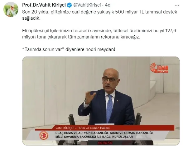 Tarım ve Orman Bakanı Vahit Kirişci’den Tarımda sorun var’ diyenlere hodri meydan: Oyuncak elinizden alındı