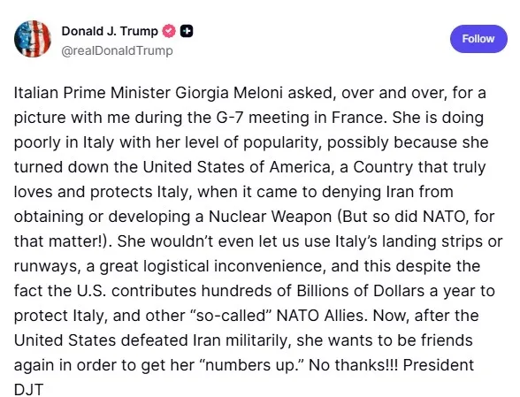 Trump'tan Meloni'ye sert çıkış: "Şimdi yeniden arkadaş olmak istiyor, teşekkürler ama hayır" - 1