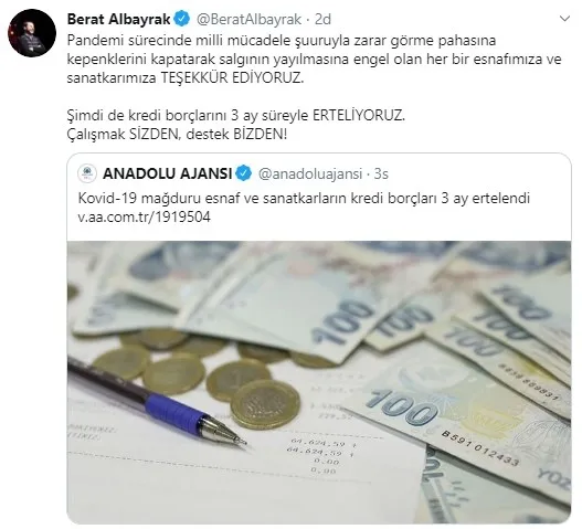 Son dakika haberi: Hazine ve Maliye Bakanı Berat Albayrak'tan flaş mesaj: Şimdi de kredi borçlarını 3 ay süreyle erteliyoruz - 1