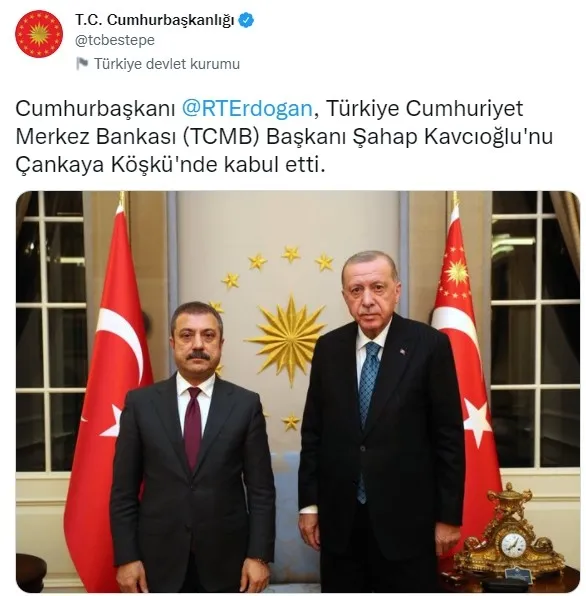 Başkan Erdoğan Merkez Bankası Başkanı Şahap Kavcıoğlu’nu kabul etti
