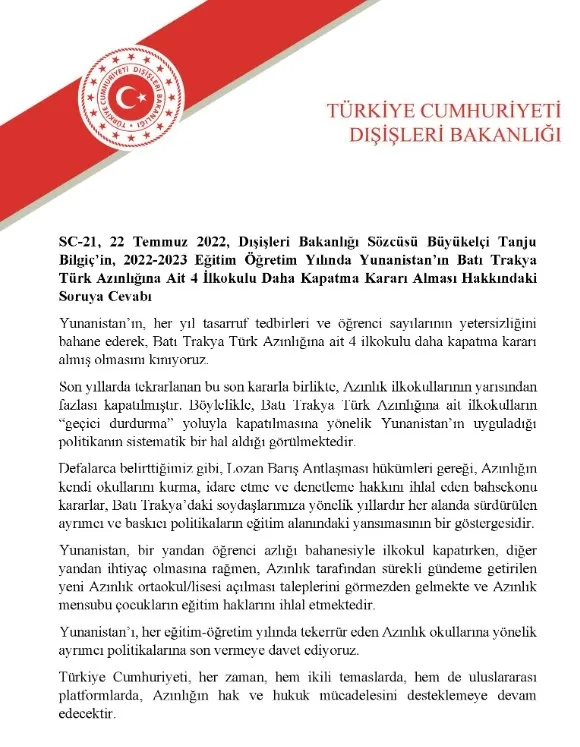 Türkiye’den Yunanistan’ın Batı Trakya Türk Azınlığına ait 4 ilkokulu kapatma kararına kınama