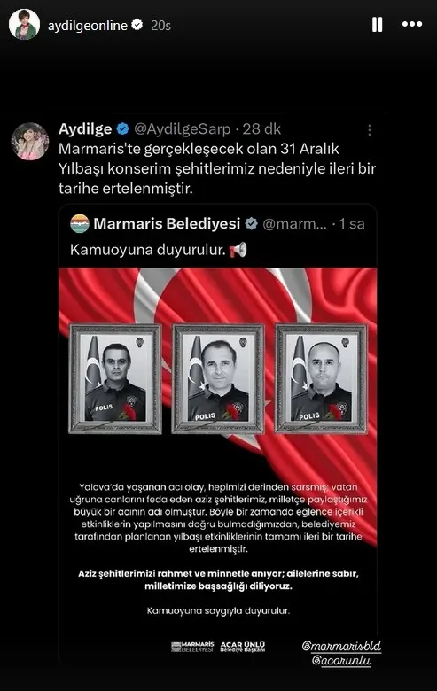 Aydilge Marmaris'teki 3 şehit için konserini iptal etti