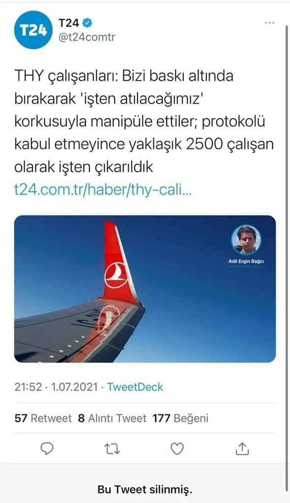 T24 adlı haber sitesi THY ile ilgili yalan haber yaptı sonra haberini sildi