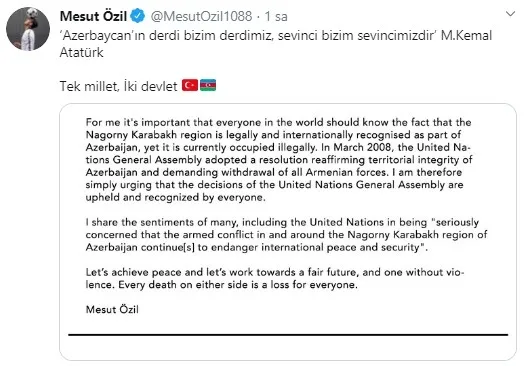 Mesut Özil’den Azerbaycan’a destek mesajı: Tek millet iki devlet