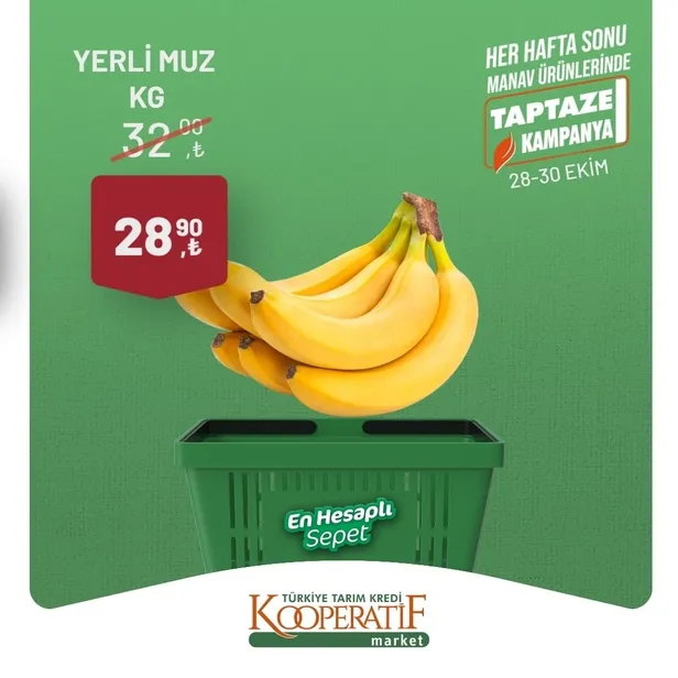 Tarım Kredi Market 30 Ekim indirim kataloğu! Kuru Soğan 5,90 TL, Salatalık 9,75 TL, Limon 10,90 TL, Yerli muz 28,90 TL, Mandalina 12,50 TL satışta…