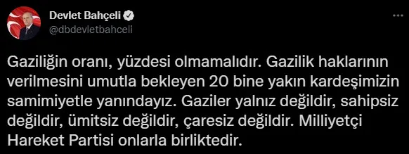 MHP Genel Başkanı Devlet Bahçeli 19 Eylül Gaziler Günü mesajı