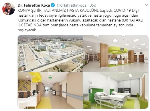 Sağlık Bakanı Fahrettin Koca: Konya Şehir Hastanemiz hasta kabulüne başladı