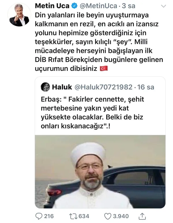 Diyanet İşleri Başkanı Ali Erbaş’a Twitter’dan iftira atmışlardı! O isimler yorumları kaldırmadı...