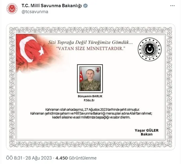 msb-pence-kilitte-piyade-sozlesmeli-er-bunyamin-barlik-sehit-oldu-1693201178782.jpg MSB: Pençe Kilit'te Piyade Sözleşmeli Er Bünyamin Barlık şehit oldu - 1