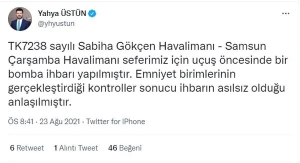 THY uçağına yapılan bomba ihbarı asılsız çıktı