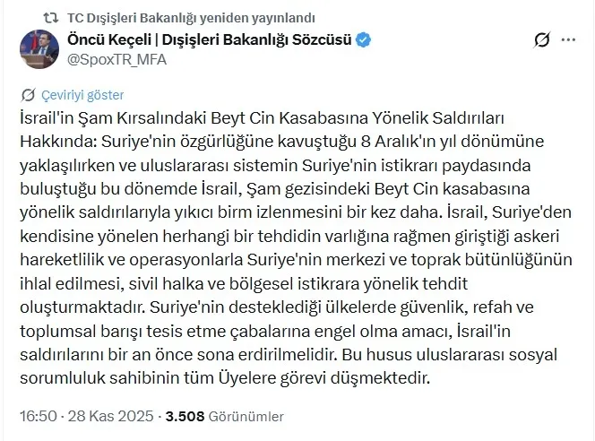 katil-israilden-suriyenin-guneyine-kanli-baskin-13-olu-disislerinden-tepki-1764341199271.jpg Dışişleri Bakanlığı Sözcüsü Öncü Keçeli'den, İsrail'in Suriye'nin Şam kırsalında düzenlediği saldırılara ilişkin paylaşım yaptı (X- Ekran görüntüsü)