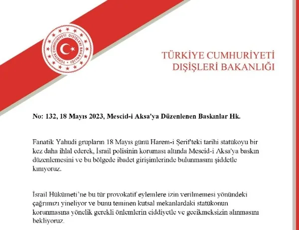 Dışişleri Bakanlığın’dan fanatik Yahudilerin Mescid-i Aksa’ya baskınına kınama