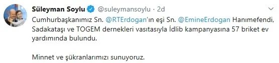 Son dakika: İçişleri Bakanı Süleyman Soylu açıkladı: Emine Erdoğan İdlib kampanyasına 57 briket ev yardımında bulundu