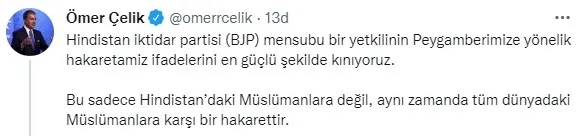 AK Parti Sözcüsü Ömer Çelik'ten Hz. Peygambere hakaret eden Hindistanlı iktidar parti mensubuna tepki - 1