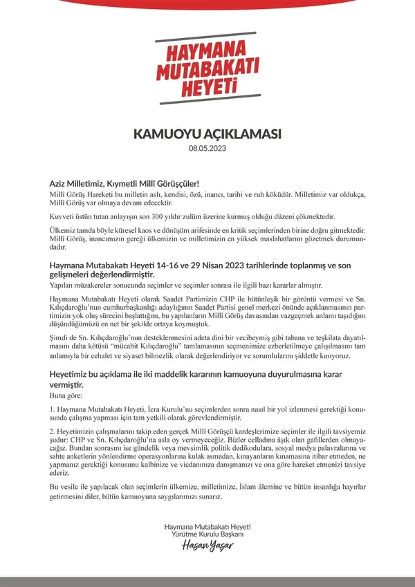 Haymana Mutabakat Heyeti'nden flaş bildiri! Saadet Partisi'nde büyük kopuş: Kemal Kılıçdaroğlu ve CHP'ye oy vermeyeceğiz - 1