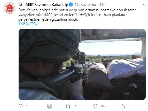 Son dakika: MSB duyurdu: Fırat Kalkanı bölgesinde bir DEAŞ'lı terörist gözaltına alındı - 1