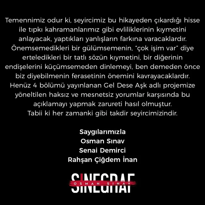 Gel Dese Aşk yapımcılarından kamuoyuna önemli açıklama