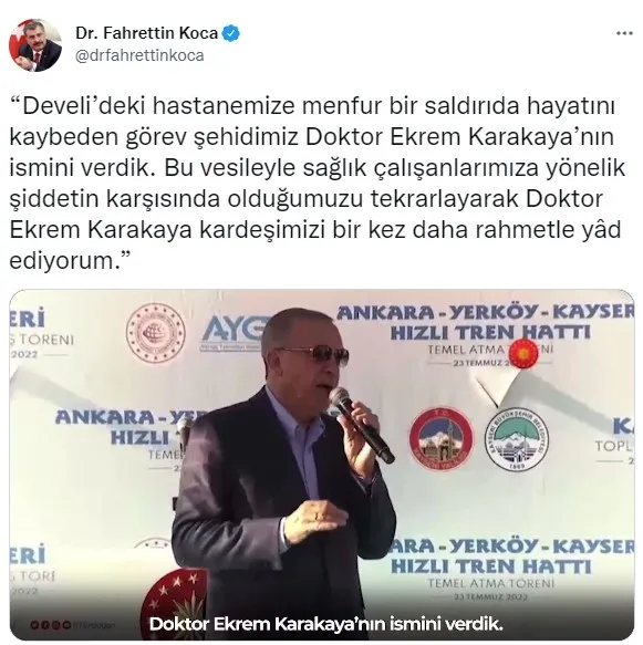Başkan Erdoğan: Develi’deki hastaneye şehit Dr. Ekrem Karakaya’nın ismini verdik