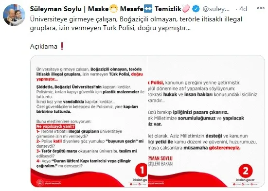 İçişleri Bakanı Süleyman Soylu'dan flaş "Boğaziçi Üniversitesi" açıklaması: Türk Polisi doğru yapmıştır - 1